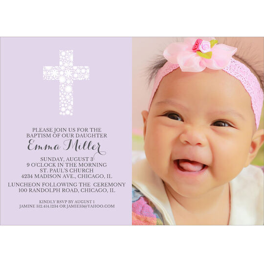 Floral Lace Cross Photo Baptism Invitations